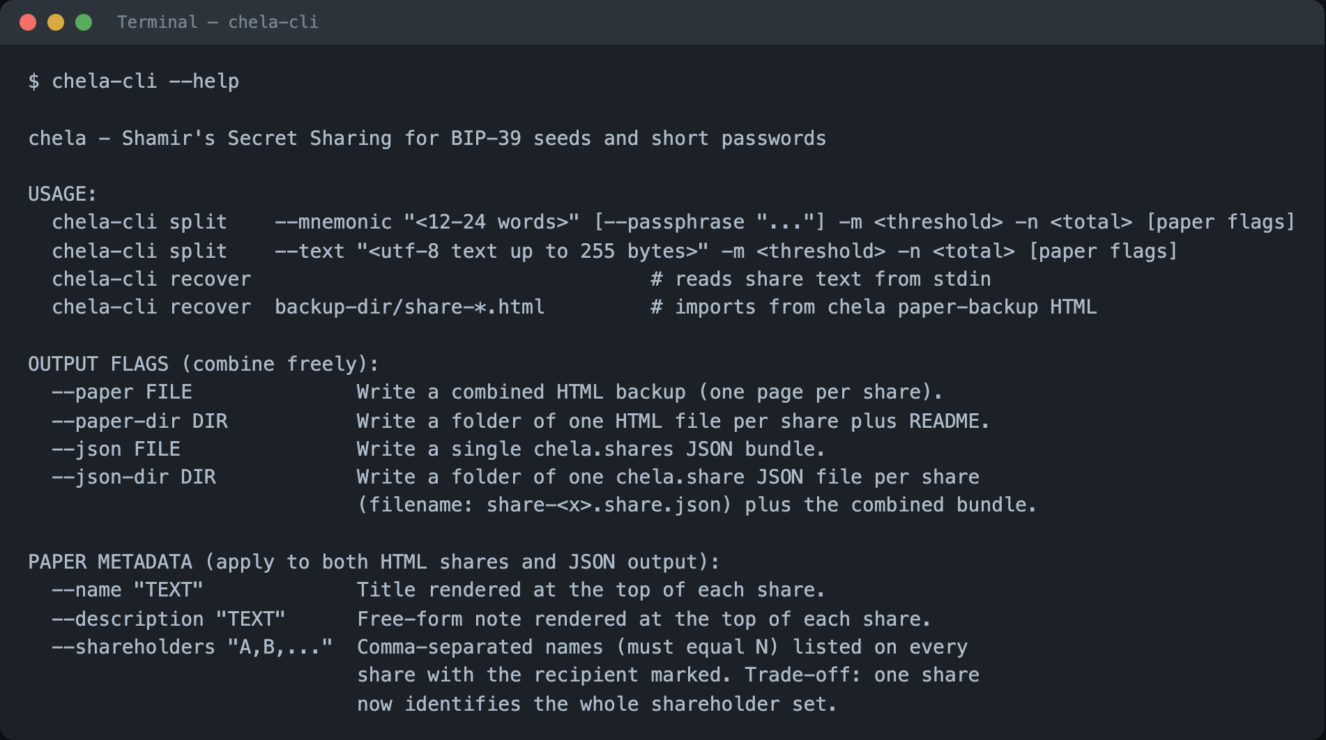 Terminal showing chela-cli help: a split verb that takes --mnemonic or --text with -m and -n, a recover verb that reads from stdin, and output flags for writing paper-backup HTML and JSON files.