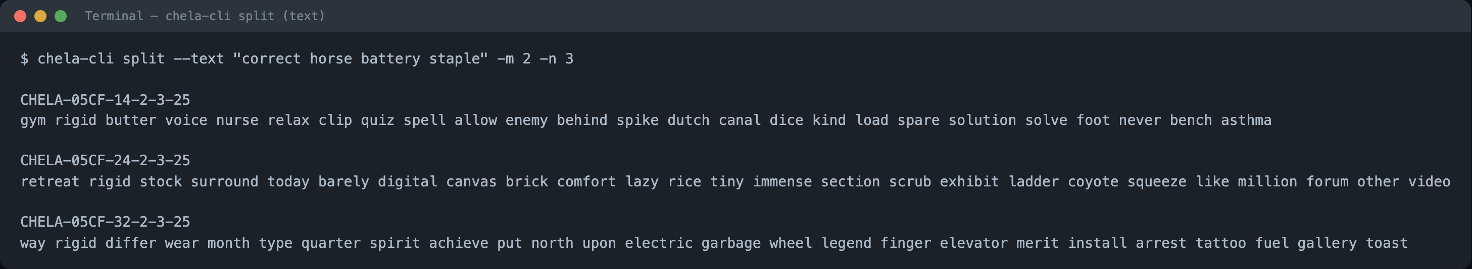 Terminal: chela-cli splits a text password into three shares, each printed as a CHELA header line followed by a row of BIP-39 words.