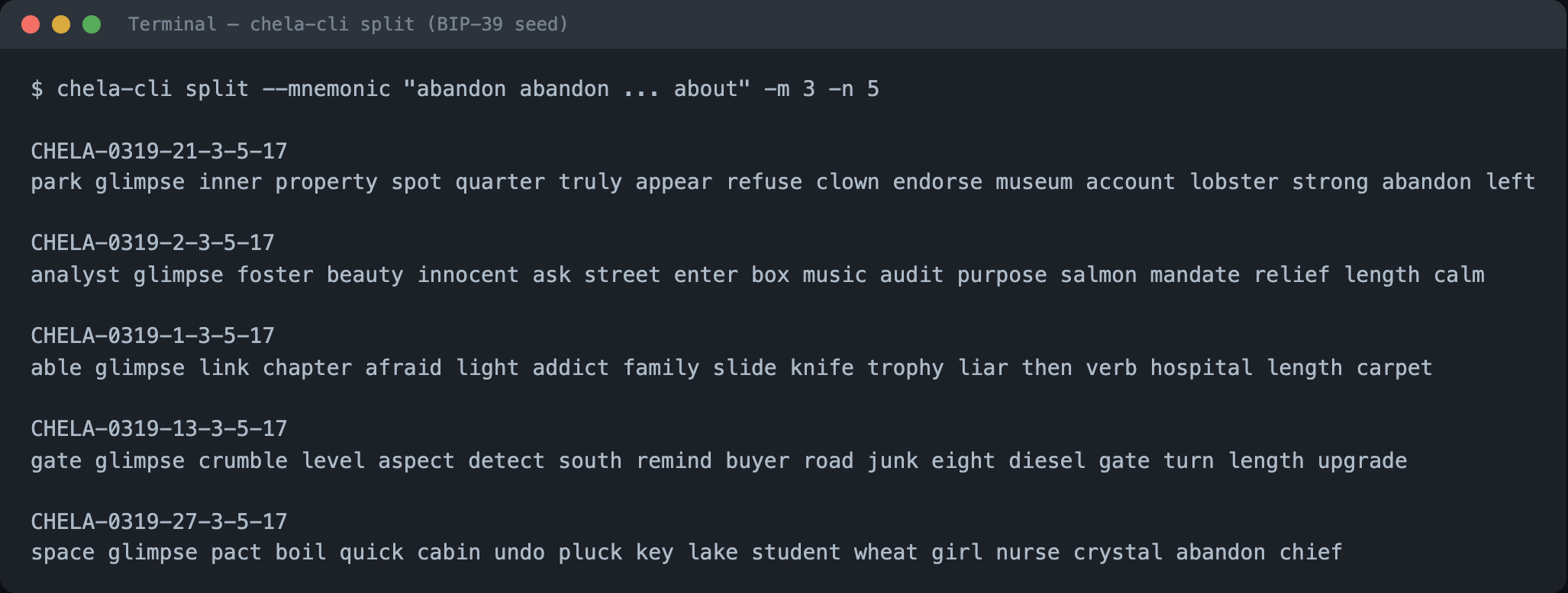Terminal: chela-cli splits a 12-word BIP-39 seed into a 3-of-5 set of shares.
