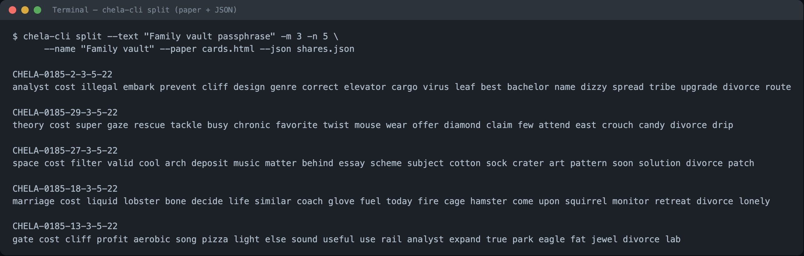 Terminal: chela-cli split with --paper and --json flags, reporting that it wrote backup.html and backup.json.