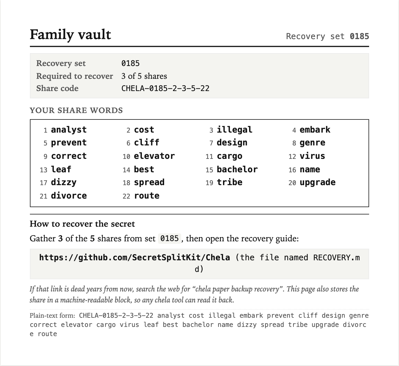 A printed chela paper backup: a single share shown as a titled page with its share code, its BIP-39 words laid out in a numbered grid, and recovery instructions.