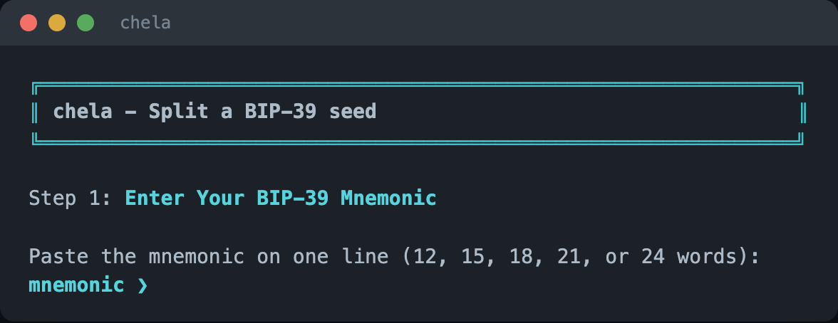 The wizard prompting for a BIP-39 seed phrase.