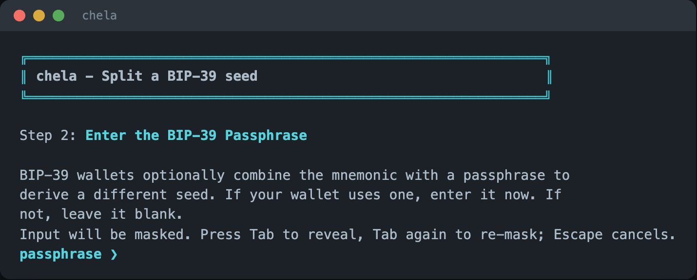 The wizard prompting for an optional BIP-39 passphrase.