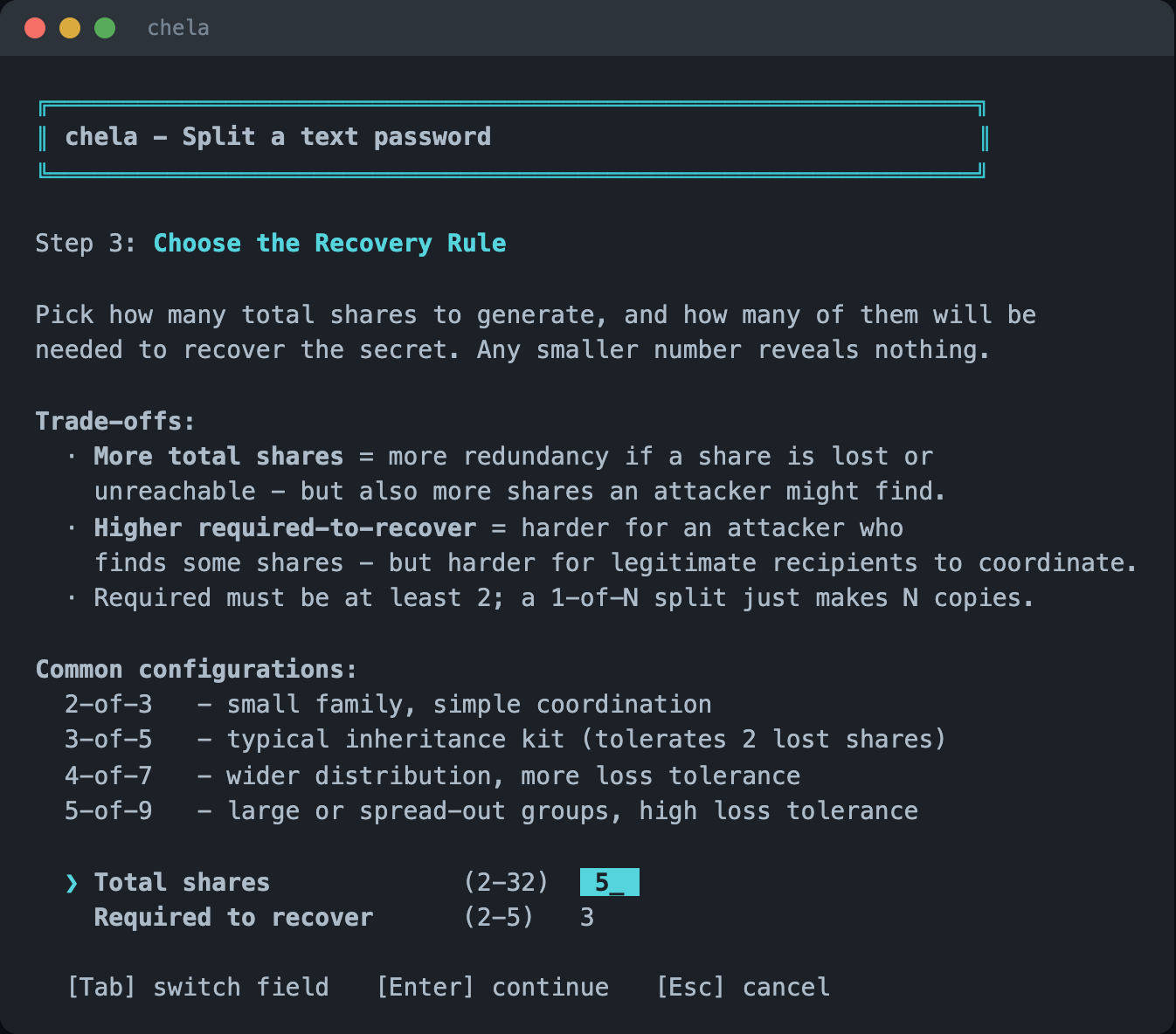 The wizard prompting for the recovery rule, listing common M-of-N options.