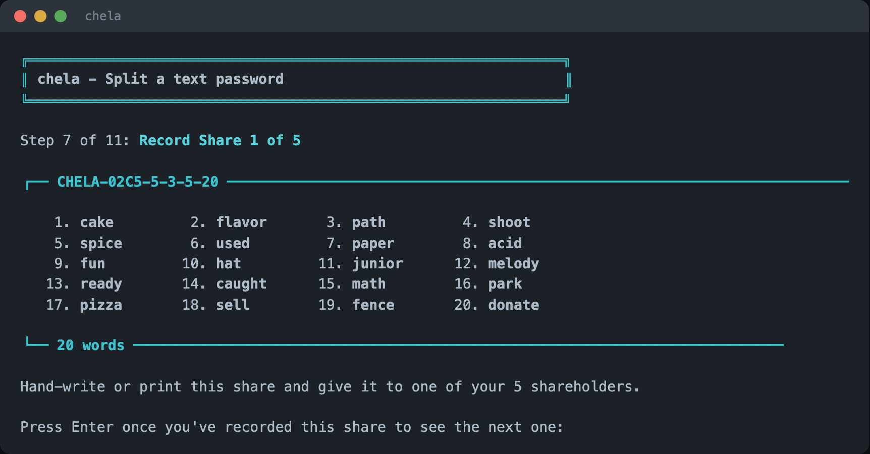 The wizard displaying the first share to record: its header and BIP-39 words, with a prompt to continue once saved.