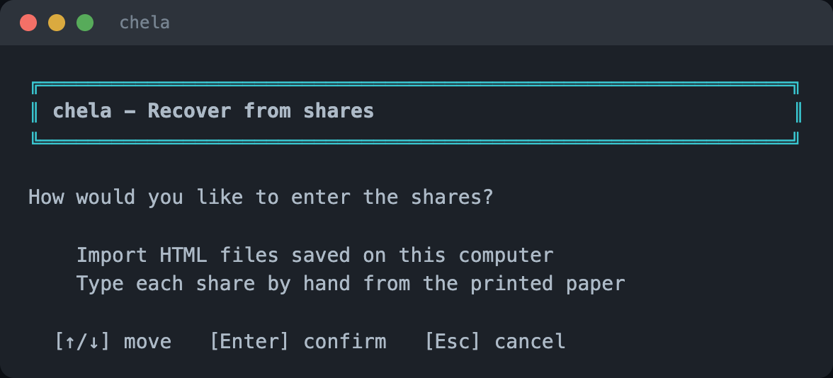 The recover screen asking how to enter shares: import HTML files saved on this computer, or type each share by hand.