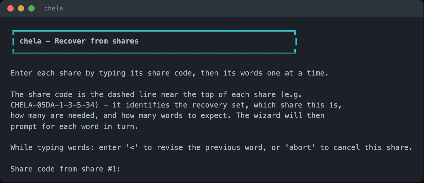 The wizard explaining the share code and prompting for the code of the first share.