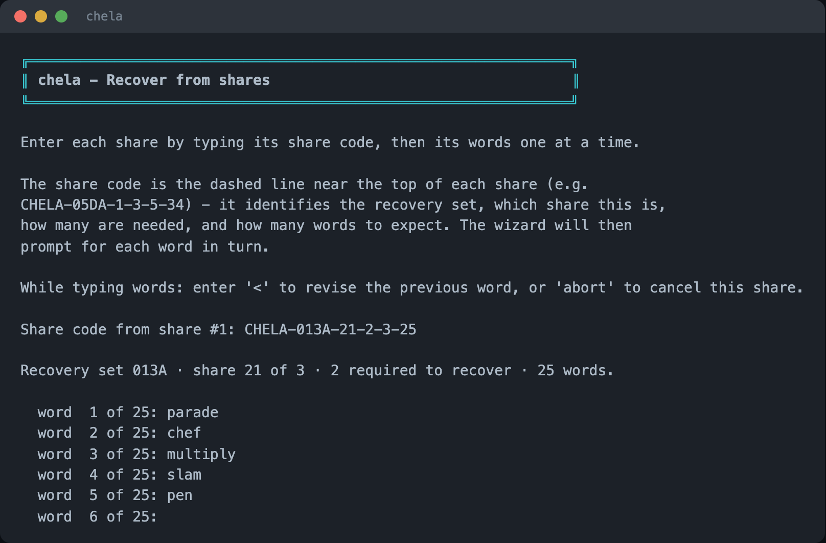 The wizard prompting for each word of a share one at a time, with the recovery set metadata shown above and the first few words entered.