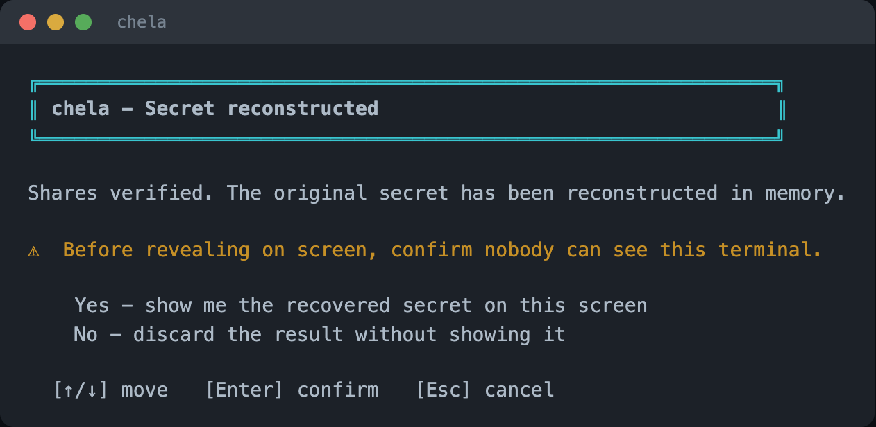 The wizard reporting the secret was reconstructed in memory, warning to confirm nobody can see the terminal, and offering to show or discard it.