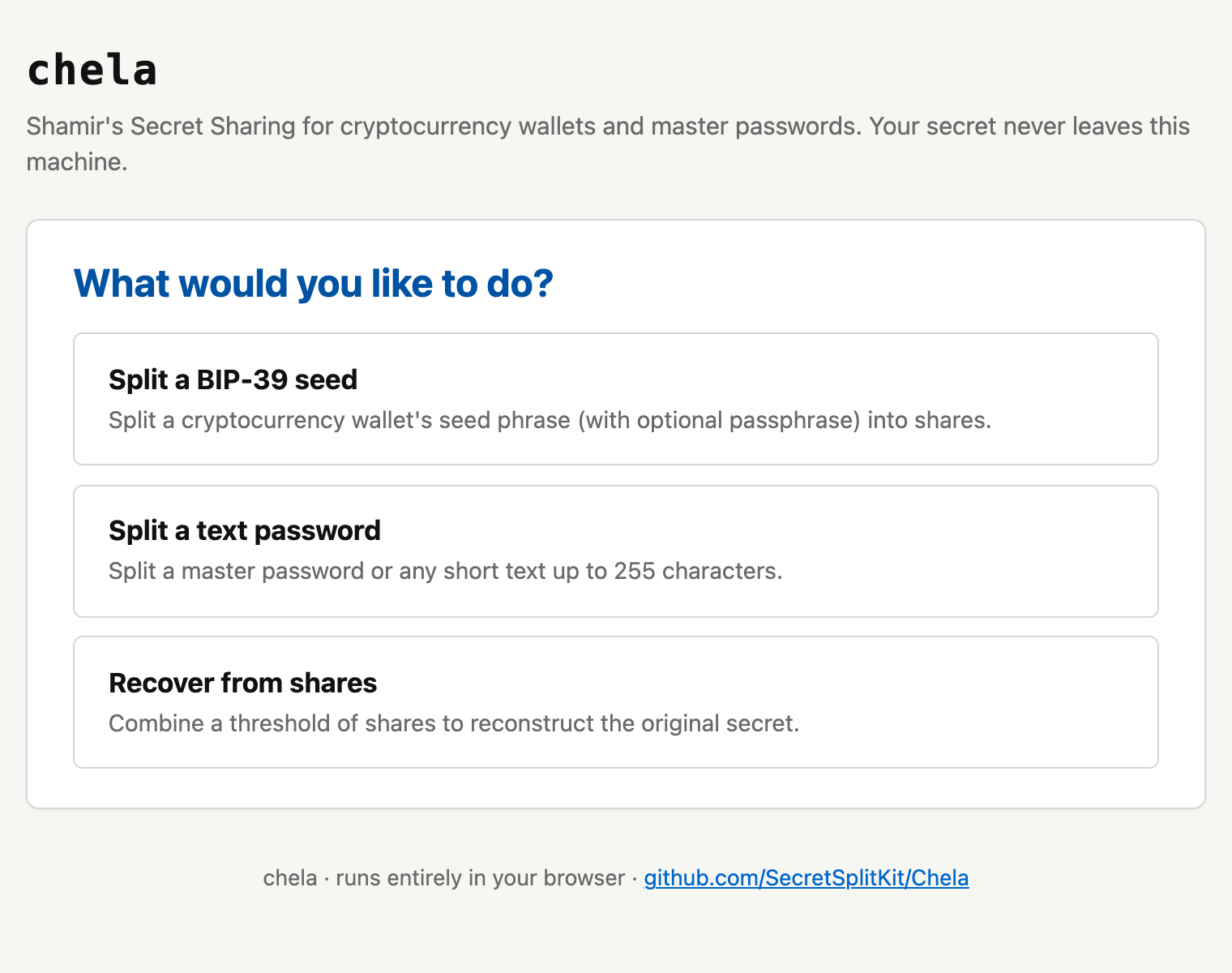 chela website home screen with two large choices: split a secret into shares, or recover a secret from shares.