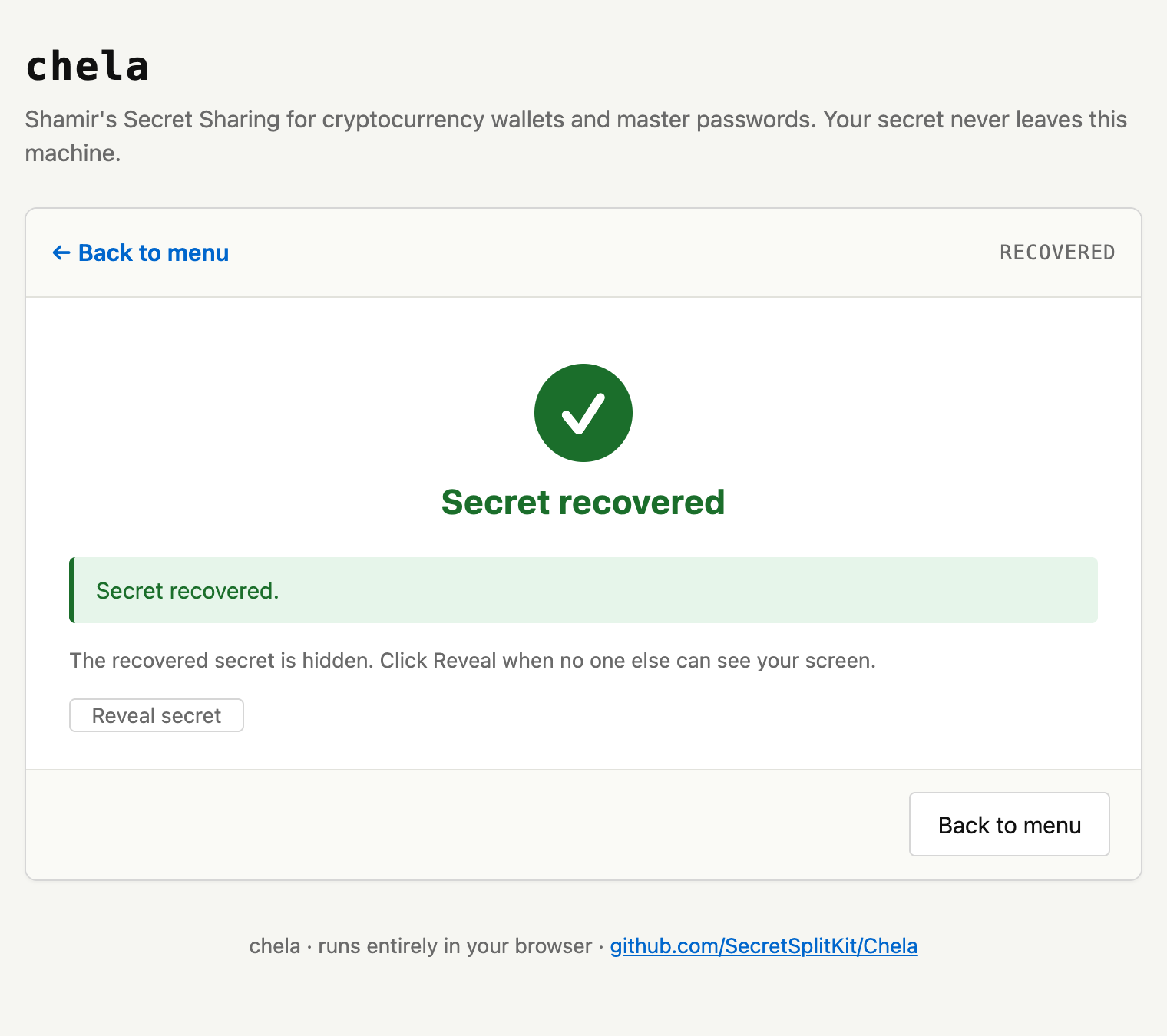 The recovered secret is hidden behind a Reveal button, with a note that it stays hidden until clicked.