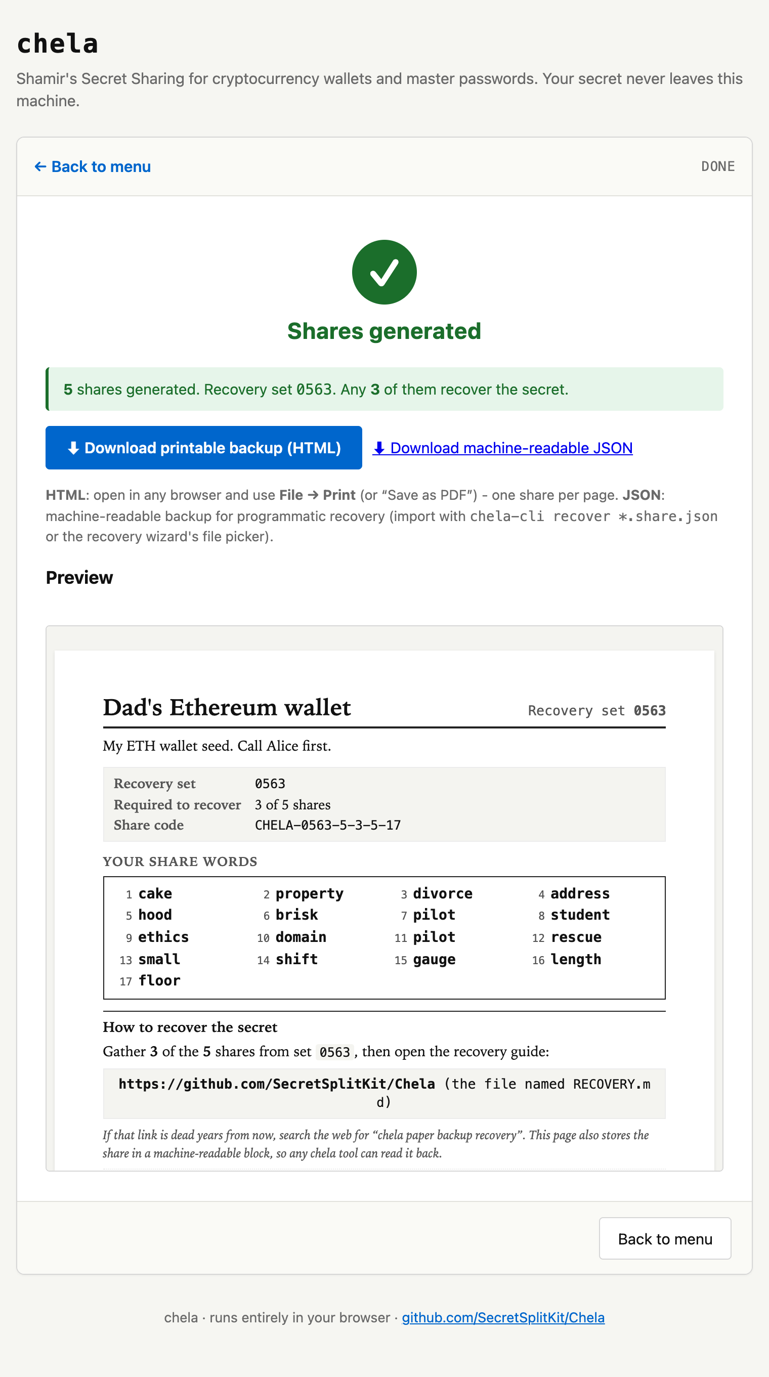The generated shares: each shown as a CHELA header and a list of BIP-39 words, with options to print.