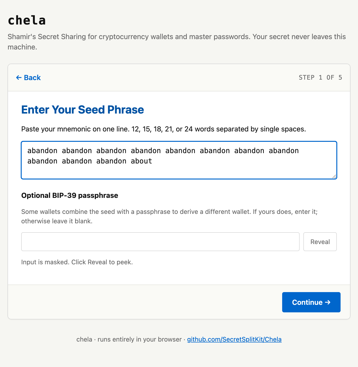 The seed-entry screen filled in with a complete, valid 12-word mnemonic and an optional passphrase.