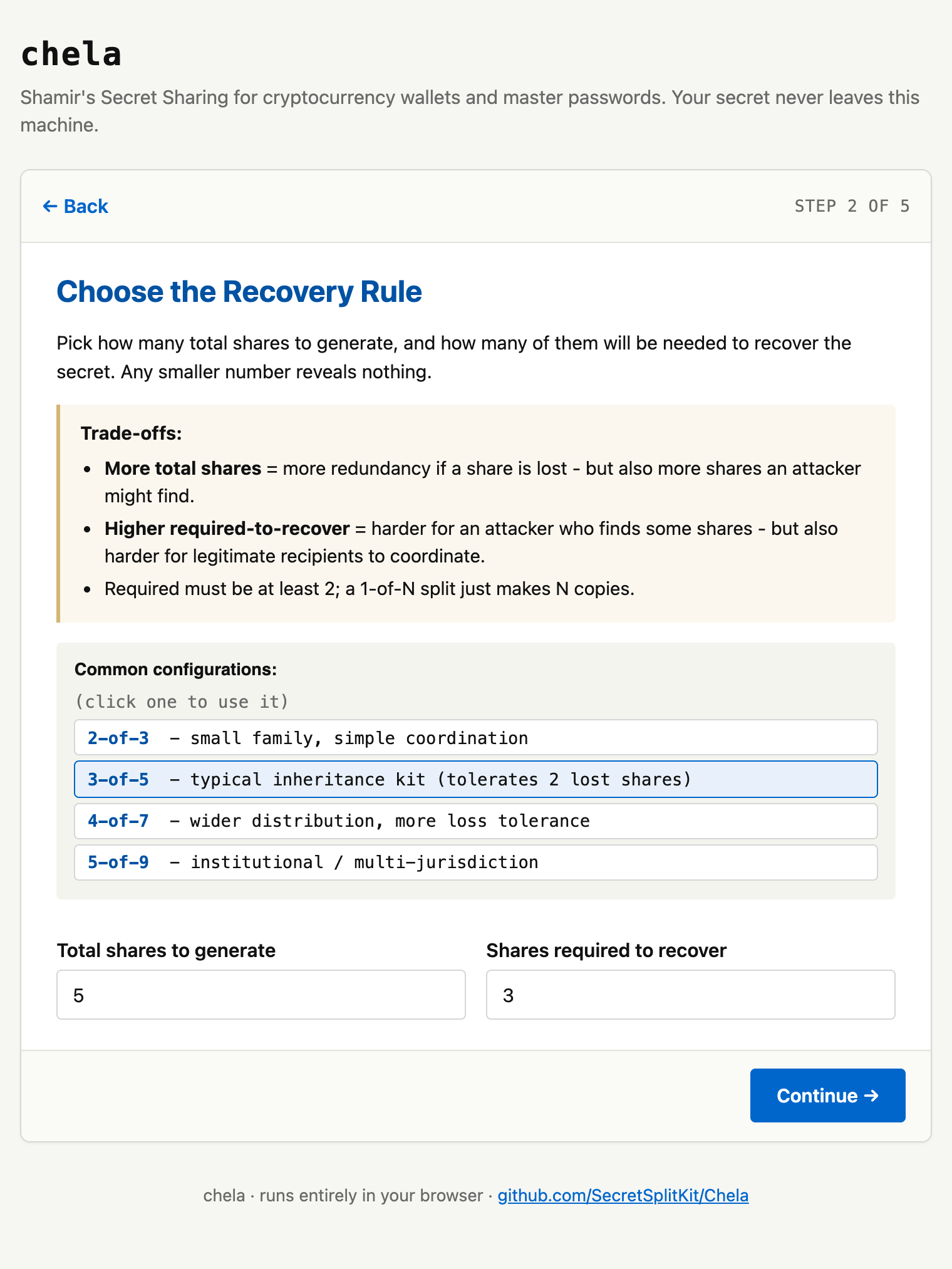 The recovery-rule screen with the 3-of-5 preset selected.