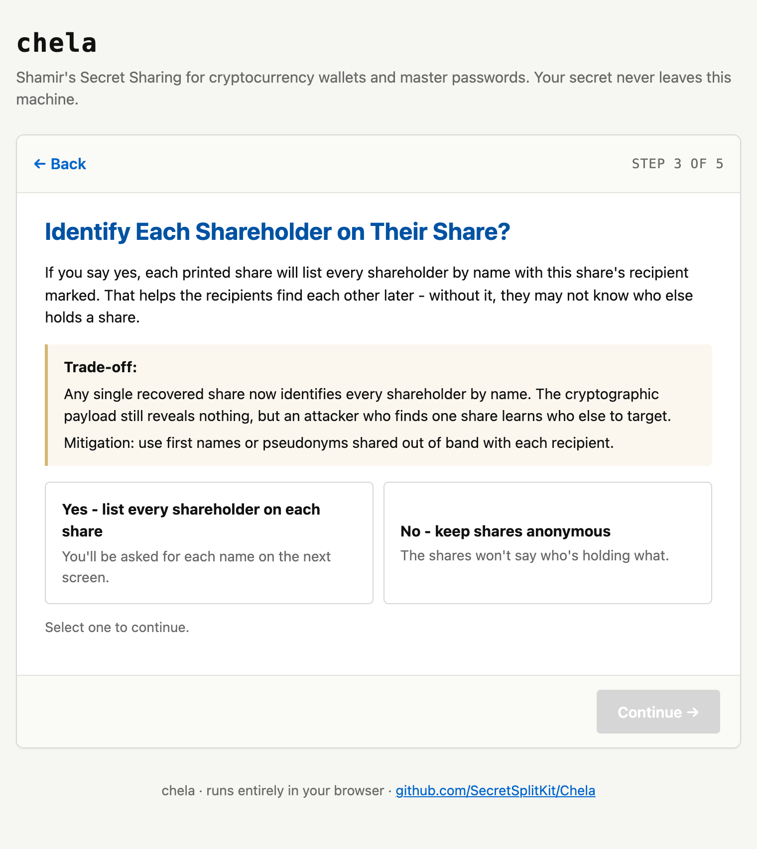 A prompt asking whether to name the people who will hold each share, with an explanation of the privacy trade-off.