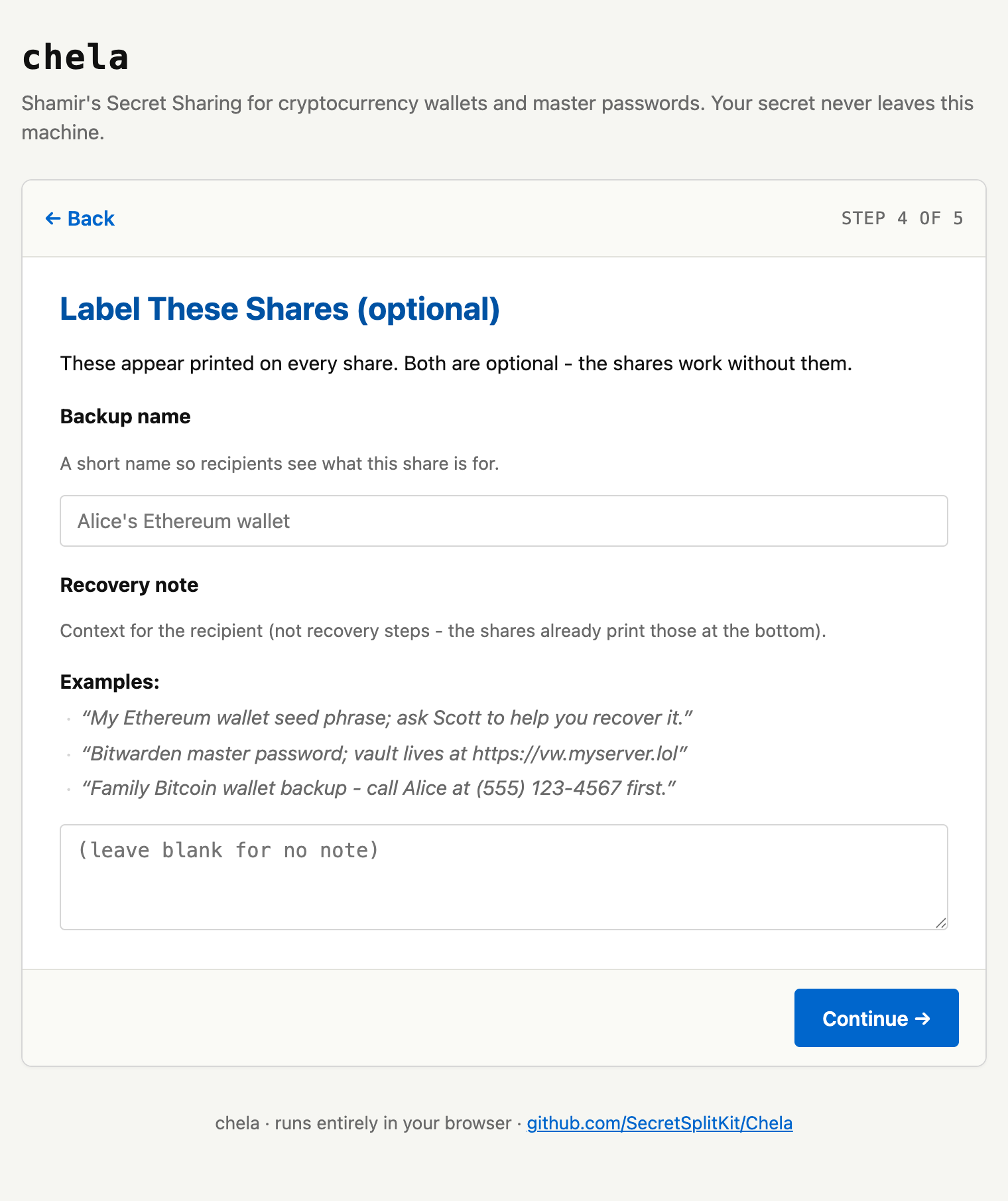 The label screen with fields for a backup title and an optional description.