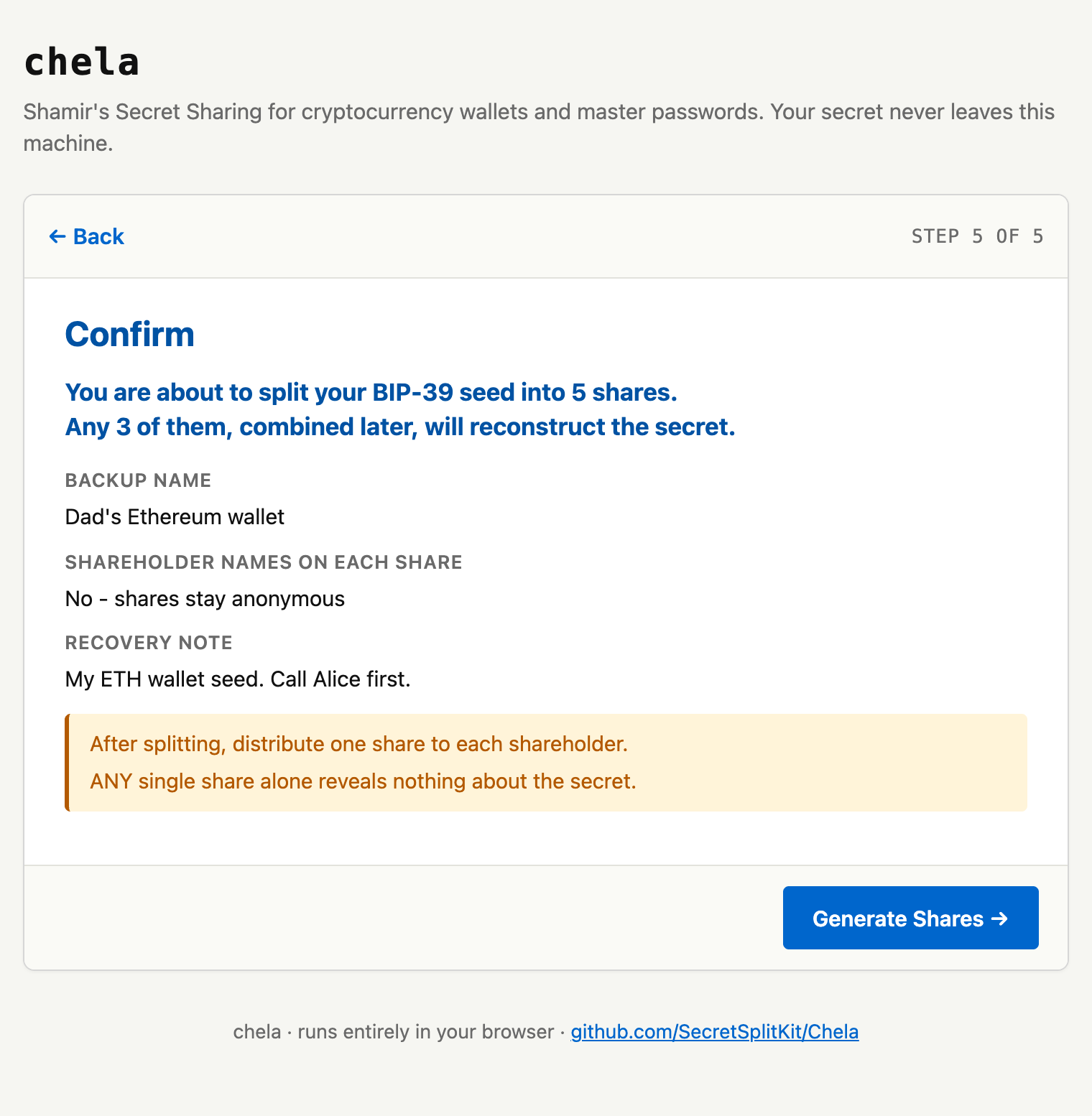 A confirmation screen summarizing the split: the recovery rule, backup label, and holder choices.